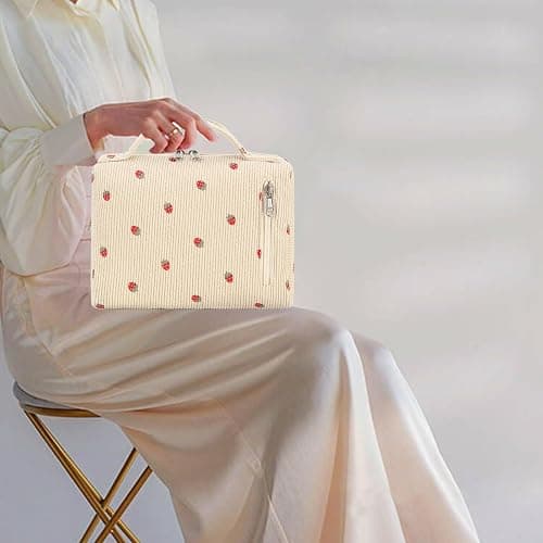 Bluboon Makeup Bag Zipper Pouch Travel Toiletry Bag Portable Cosmetic Bag Organizer for Women and Girls(Strawberry Corduroy Beige) thumbnail 7