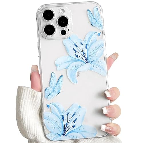 NITITOP Compatible with iPhone 12 Pro Case Clear Cute Butterfly Lily Flower Floral Pattern for Women Girls Full Camera Lens Clear Slim Shockproof Protective Phone Cover - Blue - Image 1