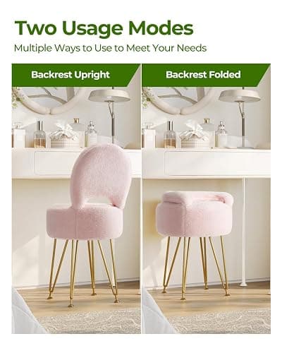 GREENSTELL Small Vanity Stool Chair with Storage and Folding Back, 13" x 13" x 17.7" Faux Fur Soft Ottoman for Teenager, 4 Metal Legs with Anti-Slip Feet, Furry Padded Seat for Makeup, Bedroom, Pink thumbnail 5