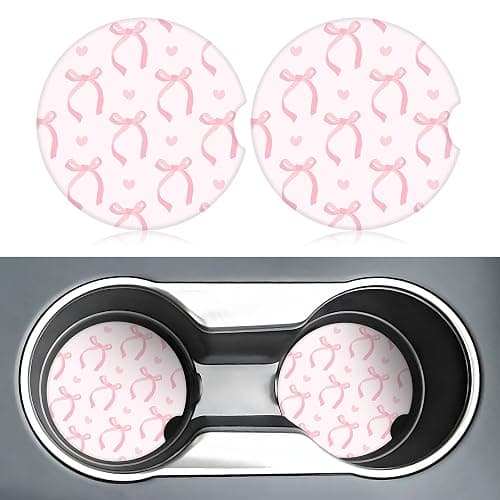 Cute Pink Bow Car Coasters for Cup Holders,2 Pack Car Cup Holder Coasters for Car,Ceramic Absorbent Car Coaster with A Finger Notch and Cork Base,Car Interior Accessories for Women Men thumbnail 3