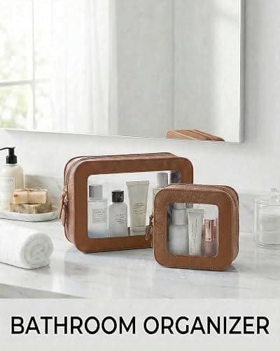 LETGO Clear Makeup Bag Organizer Set, Travel Toiletry Bag Cosmetic Case for Women, Portable Make up Skincare Pouch Car Organizer Bag with Zippers for Essentials (2Pack-Standard & Square, Brown) thumbnail 2