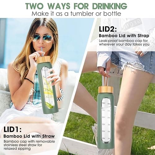 SipZest 32 oz Glass Water Bottle with Straw - Motivational Time Marker & Silicone Sleeve - Reusable Tumbler Includes 2 Bamboo Lids & Fruit Infuser - 1 Pack thumbnail 5