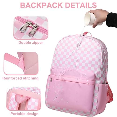 Sugaroom Pink Checkered Backpack with lunch box for Girls with Lunch Box Lightweight School Backpack Kids Bookbags Preschool Primary Elementary Students School Bags Set (Checkered Pink) thumbnail 5