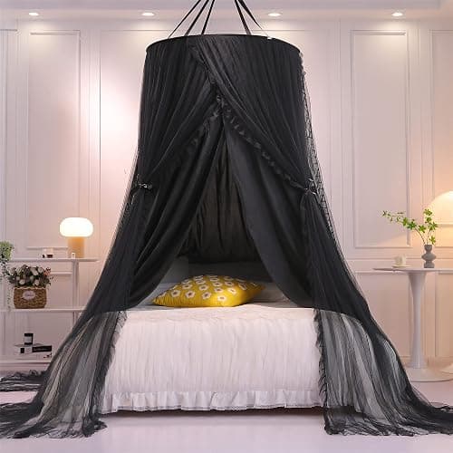 VETHIN Double Layer Princess Round Dome Canopy Bed Curtain for Girls Adults,Children Dreamy Mosquito Net,Cute Bedroom Decoration Castle Play Tent Reading Nook Canopies(Dome-Double Black) thumbnail 3