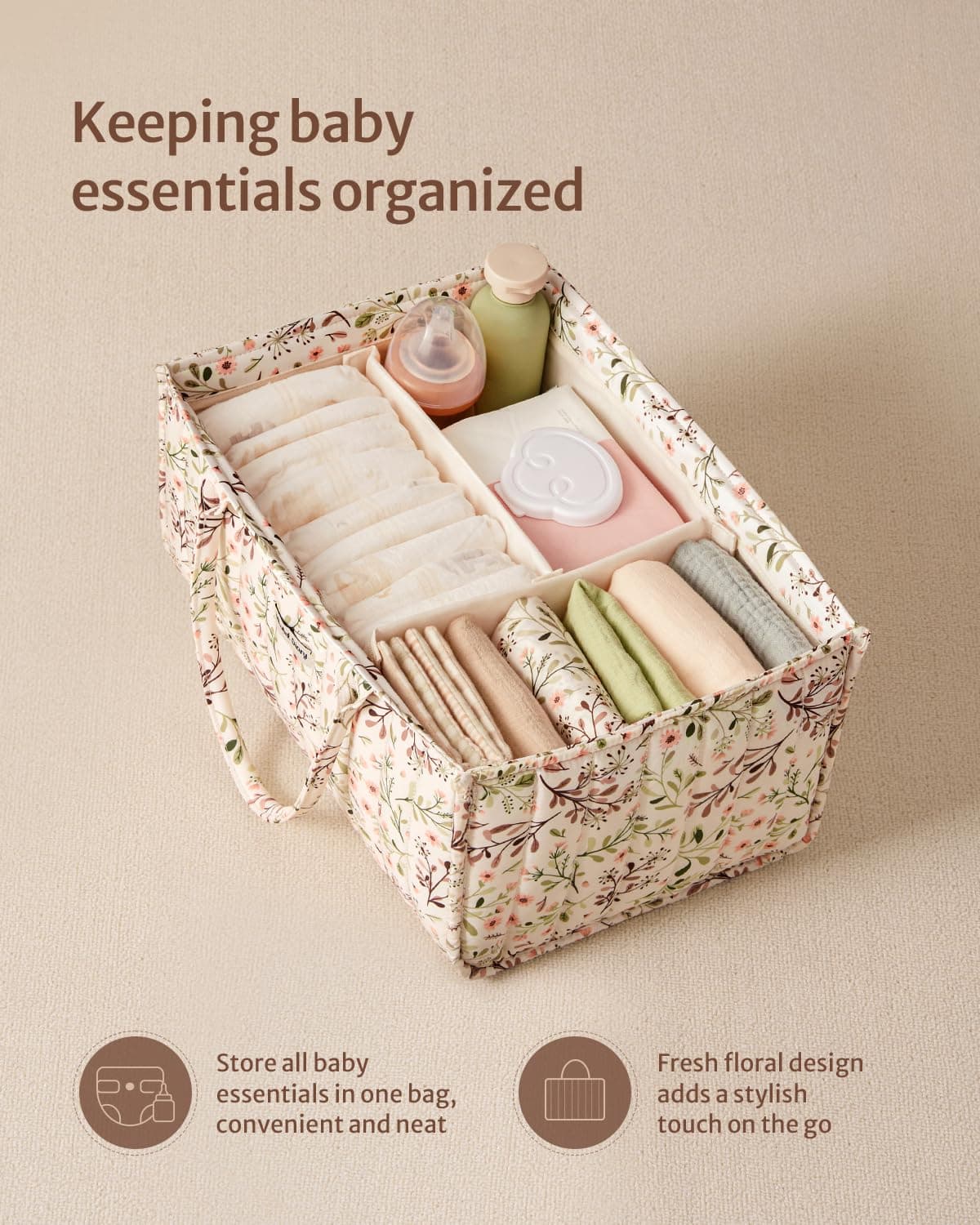 Blissful Diary Baby Nappy Caddy Organiser, Stylish Baby Diaper Caddy Storage Basket for Newborn Essentials and Diaper Station, Pastoral Daisy thumbnail 2