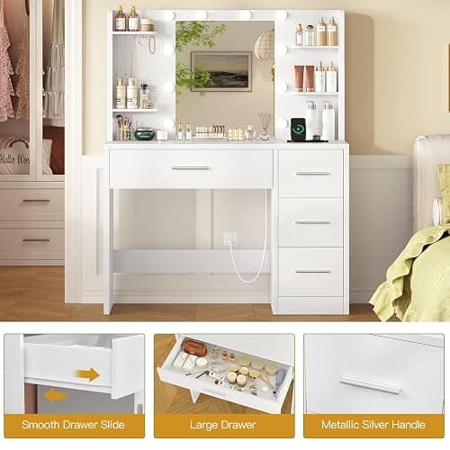FIONESO Vanity Desk with Mirror and Lights, Makeup Vanity with Power Outlet and 4 Drawers & 6 Shelves & 5 Hooks, 3 Color Modes & Adjustable Brightness, White Vanity for Bedroom thumbnail 8