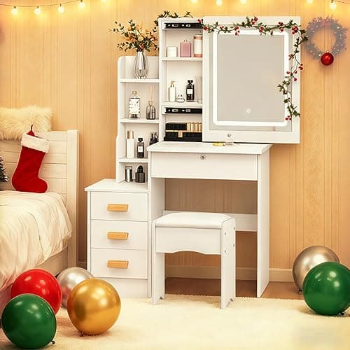 Wilitto Vanity Desk,Makeup Vanity with Sliding Mirror and Lights, Bedroom Dressing Table, Makeup Table with 4 Drawers & 7 Shelves, Hidden Storage Space White thumbnail 4