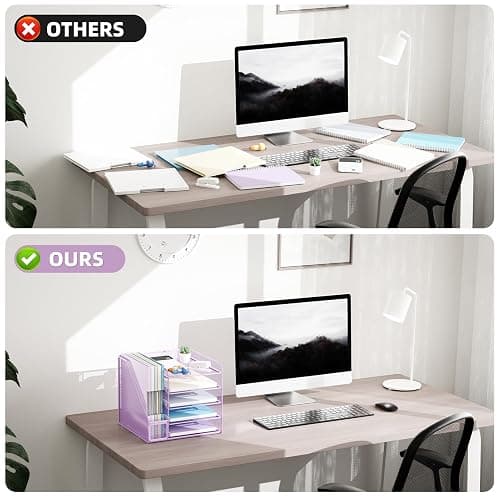 Marbrasse Desk Organizers and Accessories, 5-Tier Paper Letter Tray Organizer with File Holder, Mesh File Organizer, Office Desk Accessories & Organization for Supplies (Purple) thumbnail 6