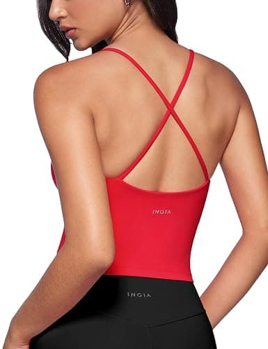 INGIA Low Scoop Neck Tank Tops Built in Bra | U back, Workout Tanks, Spaghetti Criss Cross Strap, Sleeveless, Cropped Top, for Women - Image 1