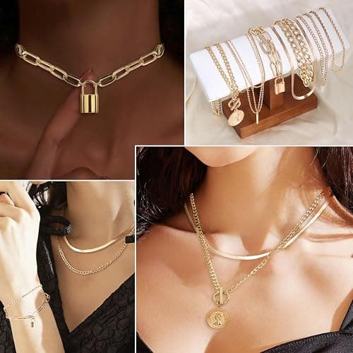 CHICUTIE Gold Jewelry Set For Women,14k Gold Plated Multi Layer Necklaces Bracelets Hoop Earrings Set Stackable Knuckle Rings, Trendy Elegance Charms Non Tarnish Minimalist Textured Boho Jewelry Gift thumbnail 2
