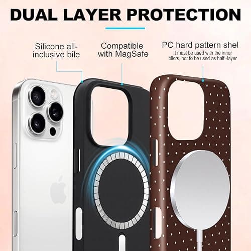 flewfun Magnetic for iPhone 15 Pro Max Case Cute Polka Dot Phone Case, Shockproof Slim TPU and Hard PC Protective Phone Cover Compatible with MagSafe Designed for Women Girls, Brown thumbnail 3