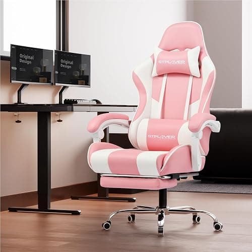 GTPLAYER Gaming Chair, Computer Chair with Footrest and Lumbar Support, Height Adjustable Game Chair with 360°-Swivel Seat and Headrest and for Office or Gaming (Faux Leather, Pink) thumbnail 2