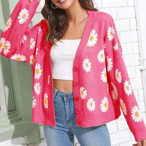 Hyipels Women's Long Sleeve Cardigan Sweater,Cute Y2K Top Knit Colorful Patterned V Neck Button Outwear S~XL thumbnail 4