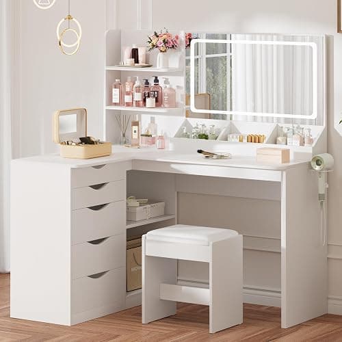 Furmax Vanity Desk with Mirror, L Shape Vanity, LED Lighted Mirror, with Power Outlet and 3 Storage Shelves, Makeup Table with 5 Drawers, 3 Color Modes, for Bedroom(White) - Image 1