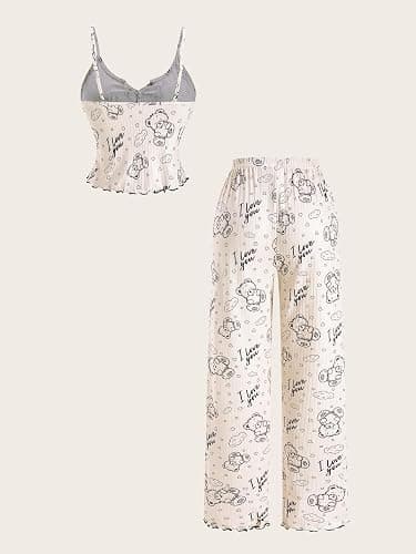 winkbay Women's Cute Cartoon Bear Print Bow Pajamas 2 Piece Notched V Neck Crop Cami Top and Pants Lounge Sets thumbnail 2