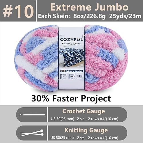 Cozyful Chunky Yarn for Hand Knitting - #10 Chunky Chenille Blanket Yarn, Jumbo Big Thick Chunky Yarns for Crocheting, Tie Dye Bulky Knit Yarns, 8 Skein (25 yds 8 oz Each Skein), Blue & Pink & White thumbnail 3