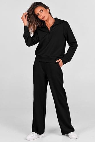 PRETTYGARDEN Women's 2 Piece Outfits Casual Lapel Half Zip Sweatshirts and Wide Leg Pants Tracksuit Sets thumbnail 4