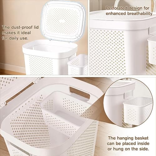 Ultra Wheeled Laundry Hamper with Lid, Suspended basket，Handle and Wheels for Easy Rolling of Clothes to and from The Laundry Room, Plastic（White） thumbnail 6