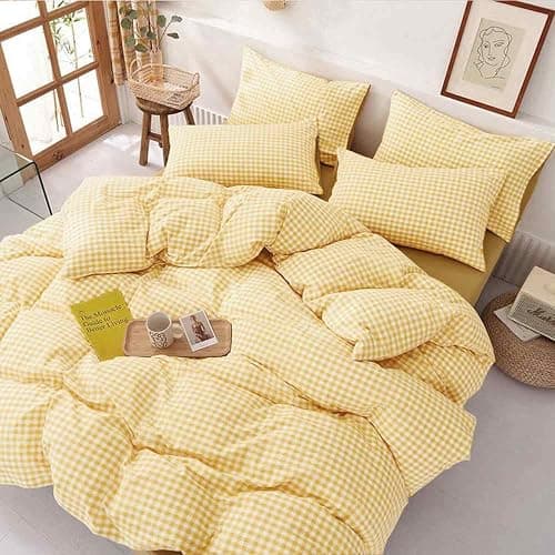 ETDIFFE Yellow Comforter Set Queen Size, 3 Piece Farmhouse Gingham Grid Bed Set - Soft and Lightweight Buffalo Checkered Plaid Microfiber Down Alternative Comforter (90x90) thumbnail 4
