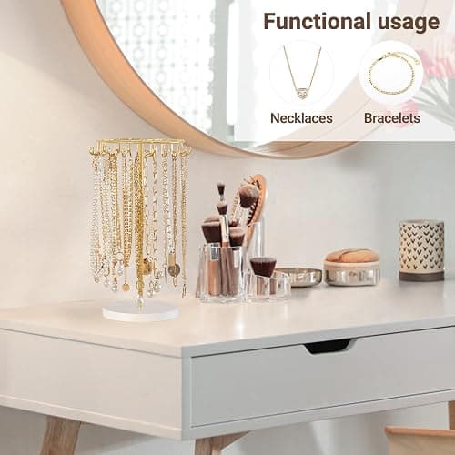 Mkono Necklace Holder Metal Jewelry Display Stand Necklace Organizer with 22 Hooks for Storage and Hanging Bracelet Keychain Home Room Decor for Women,Gold thumbnail 4