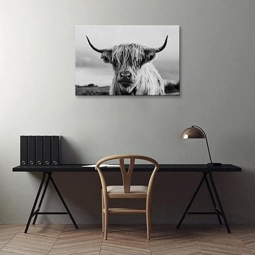 Highland Cow Wall Art Canvas Print Black and White Animal Canvas Picture Framed Art Wall Decor for Bedroom Bathroom (16x24 inch) thumbnail 5