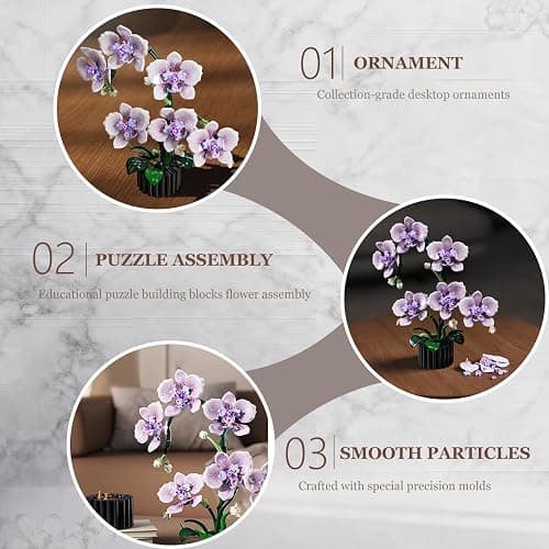 Phalaenopsis Orchid Flower Building Block Set,Compatible with Lego Flower Featuring Printed Floral Patterns on The Blocks' Petals, Ideal for Tabletop displays and as a Gift (Purple，619PCS) thumbnail 3