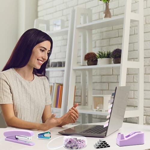 Purple Office Supplies Set, UPIHO Stapler and Tape Dispenser Set, Office Desk Accessories Kit with Stapler, Tape, Remover, Staples, Clips, Scissor and Tabs for Women, Clerks… thumbnail 7