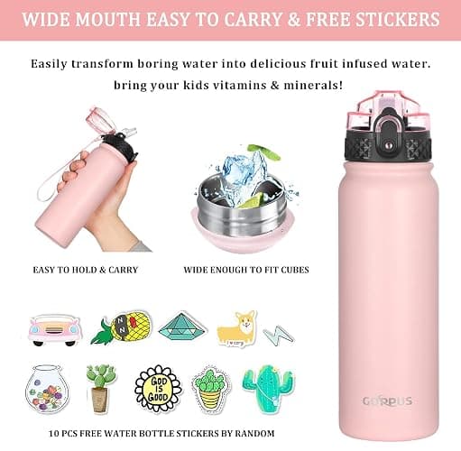 GOPPUS 600ml/20oz Stainless Water Bottle with Straw Double Wall Insulated Bottles with Strap One Hand Open Vacuum Thermal Flask Leakproof Keep Cold Drinks Bottles with Flip Top Lid BPA Free for Adults thumbnail 4