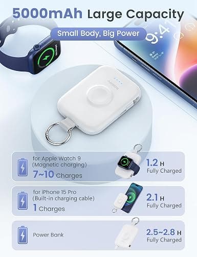 RORRY Portable Charger, 5000mAh Portable Charger Power Bank with Built-in Cables, Travel Keychain Battery Pack for Apple Watch Ultra/11/10/9/8/7/6/SE, iPhone Air/17/16/15/14/13/12, White thumbnail 3