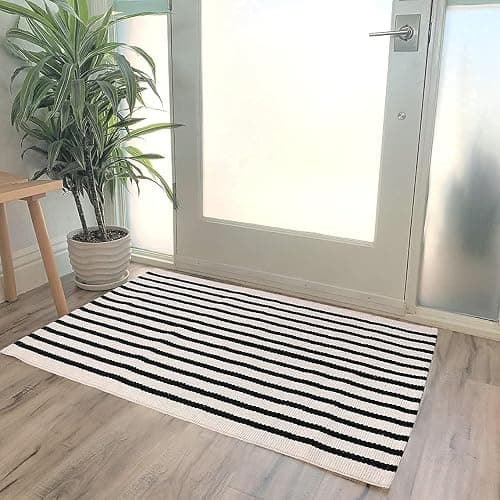 LEEVAN Black and White Striped Rug Doormat 2x3 Washable Front Porch Rug Farmhouse Layered Door Mats Outdoor Cotton Hand Woven Throw Carpet for Entryway/Front Steps/Bathroom/Home Entrance thumbnail 2