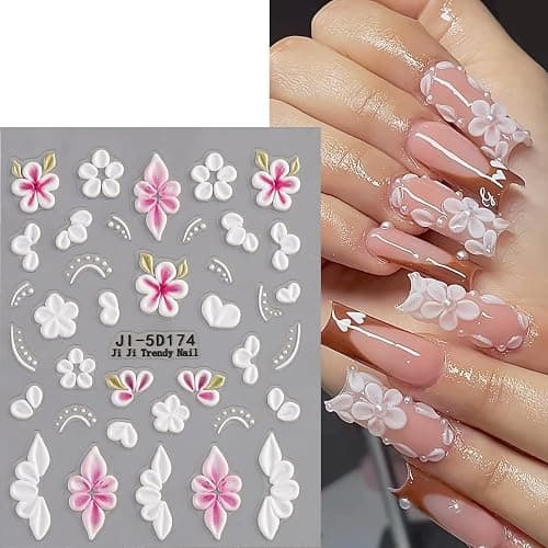 Fspronail 5D Embossed Flowers Nail Stickers 5PCS Pink White Floral Decals | Self-adhesive Cherry Blossom Butterfly Nail Decals French Tips Design Floral Petals Sticker for Nail Art Women DIY Manicure thumbnail 4