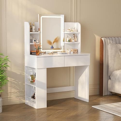 Devoko Dressing Table with LED Lighting Mirror,3 Light Colors,Adjustable Brightness,Vanity Table,Makeup Desk with 2 Drawers and 4 Storage Shelves, 90 x 40 x 135 cm, Modern White thumbnail 8