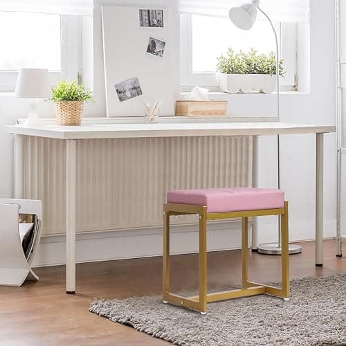 FLYZC Vanity Stool, Pink Small Vanity Stools Chair, Square Cushion Makeup Chairs for Vanity, Metal Foot Stool Ottoman Seat for Bedroom Makeup Living Room, Pink & Gold - Pink & Gold thumbnail 6