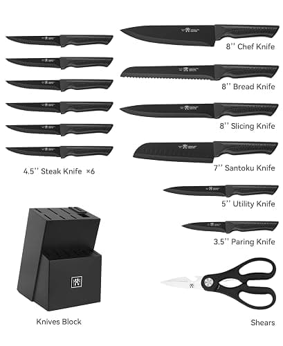 Knife Set, 15 Pcs Kitchen Knife Set with Block Self Sharpening, Dishwasher Safe, 6 Steak Knives, Anti-slip handle, Black thumbnail 3