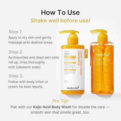 medicube Kojic Acid Brightening Body Care Duo: Turmeric Body Peel Shot and Kojic Acid Body Wash | For Brightening, Exfoliating with Citrus Scent for Fresh Shower Routine thumbnail 2