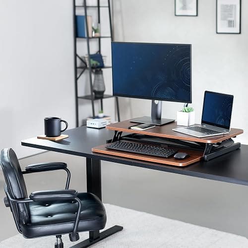 VIVO Height Adjustable 32 inch Stand Up Desk Converter, Quick Sit to Stand Tabletop Dual Monitor Riser Workstation, Dark Walnut Desktop, Black Frame, DESK-V000SD thumbnail 2