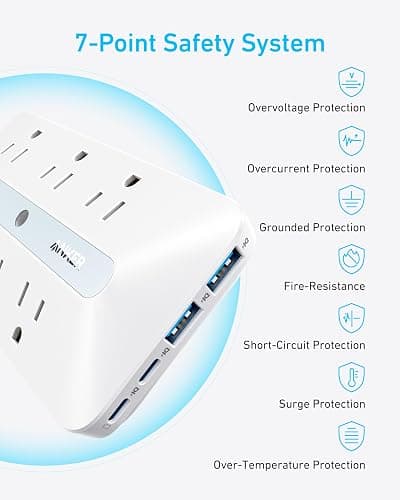 Anker Wall Charger, 300J Surge Protector, 10-in-1 Outlet Extender, 6 AC, 2 USB A, 2 USB C Ports, Wide-Spaced Outlets and 20W Fast Charging, Desk Charging Station, Home Office, Dorm, Room Essential thumbnail 6