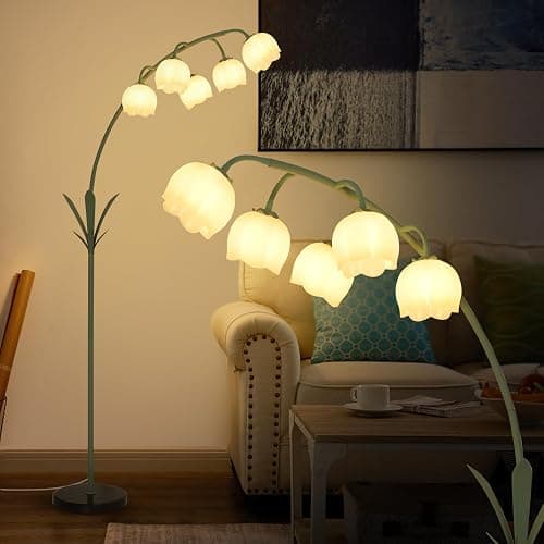 HMVPL Arc Floor Lamp for Living Room, Flower Floor Lamp with 5 G9 LED Bulbs, Foot Switch, Green Floral Standing Lamp with Acrylic Shade, Curved Tall Lamp for Living Room Bedroom Corner Kids Reading - Image 1