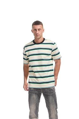 KLIEGOU Men's Fashion Loose Fit Crewneck Stripe T-Shirt thumbnail 3