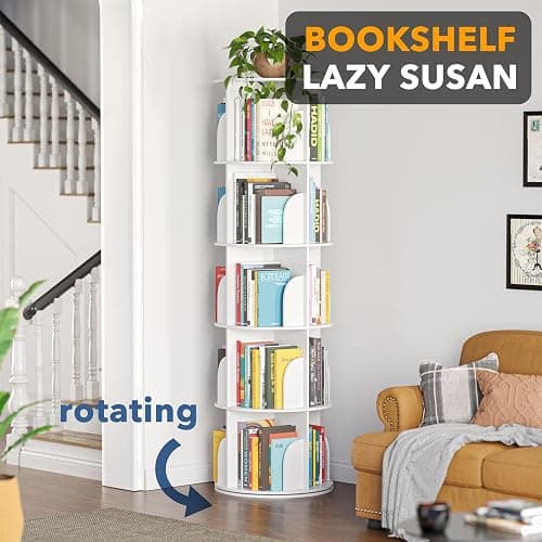 SpaceAid 5 Tier Rotating Bookshelf Tower, Spinning Bookcase Lazy Susan, Revolving 360 Book Shelf Storage Round Carousel, Vertical Rotate Turning Spiral Corner Organizer, White thumbnail 4