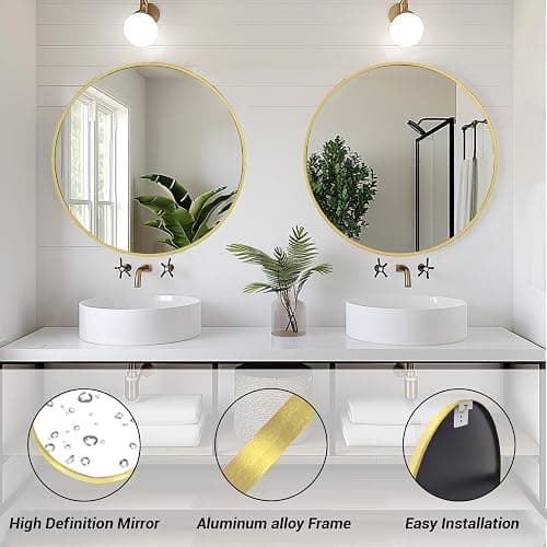 Sunniry Gold Round Mirror, 24 inch Circle Mirror, Gold Brushed Metal Frame Bathroom Mirrors, Round Wall Mounted Mirrors for Bathroom, Hallway, Living Room, Bedroom. thumbnail 2