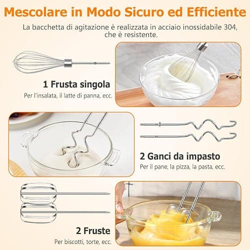 Aigostar Pudding - Sbattitore Elettrico, 6 Velocità e Turbo, Frusta Elettrica, 400W, Miscelazione Silenziosa. Dotato di 2 Fruste, 2 Ganci Impastatori, frusta e contenitore. thumbnail 6