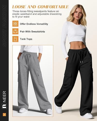 Neer 3 Pack Women's Cargo Sweatpants Wide Leg | Baggy, Loose, Pants with 4 Pockets, Elastic Waist, Drawstring, Casual, Athletic, Sweat, Joggers, Lounge, Running, Dance thumbnail 4