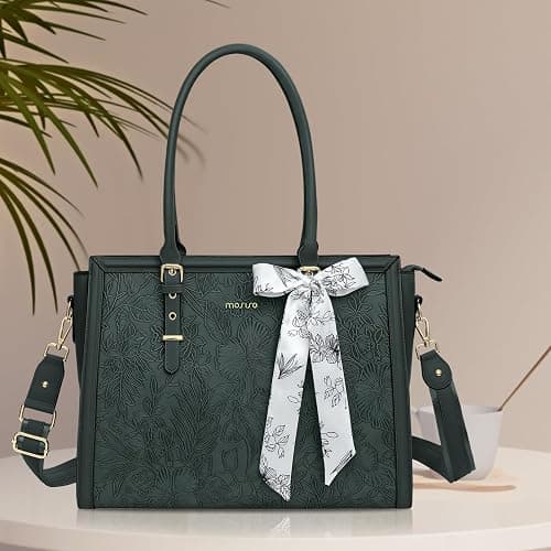 MOSISO Laptop Bag for Women, PU Leather Tote Bag, Front Embossed Retro Hibiscus Computer Bags with Silk Scarf&Clutch Purse thumbnail 3