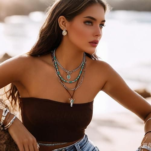 Hclian Western Necklaces Boho Layered Charm Necklace for Women Turquoise Beaded Choker Ox-head Pendant Necklace Western Jewelry for Women Cowgirl Accessories thumbnail 4