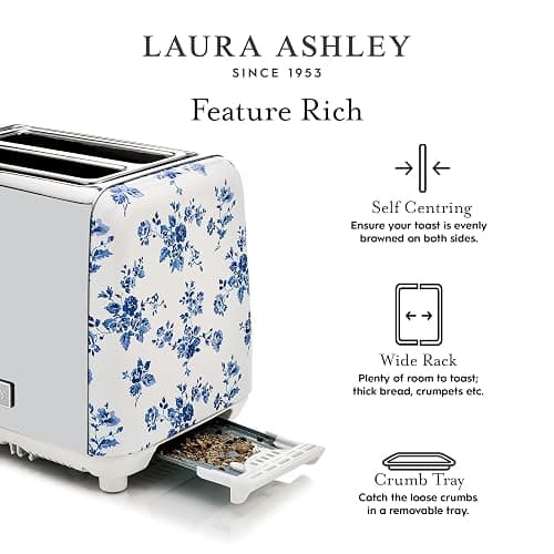 VQ Laura Ashley China Rose Stainless Steel 2 Slice Toaster | Multi-Functional Bagels & Bread Toaster 2 Slice with Adjustable Heating & Defrost Mode | Featuring 2 Wide Slots & Croissant Warming Rack thumbnail 8