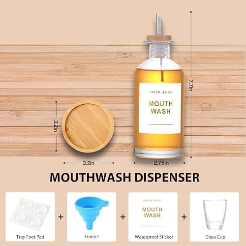 BONLONG 11.8OZ Glass Mouthwash Dispenser for Bathroom with Stainless Steel & Bamboo Nozzle, Mouthwash Cup Reusable, Bamboo Tray, and Elegant Gold Sticker.（Clear) thumbnail 3