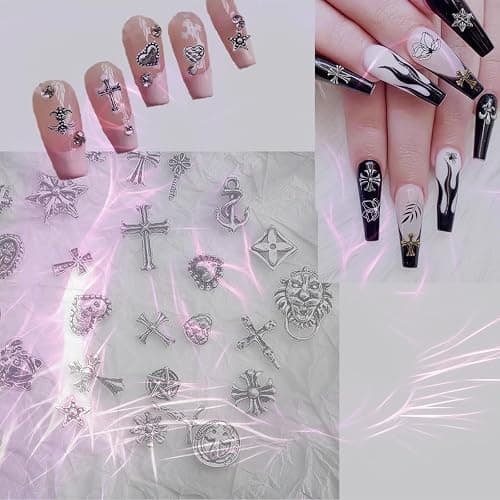 Leeneen 80Pcs Silver Metal Cross Nail Charms for Nails Design,Y2K 3D Chrome Nails Art,Vintage Alloy Cross Heart Skull Acrylic Charm for Women, Halloween Nail Supplies thumbnail 7