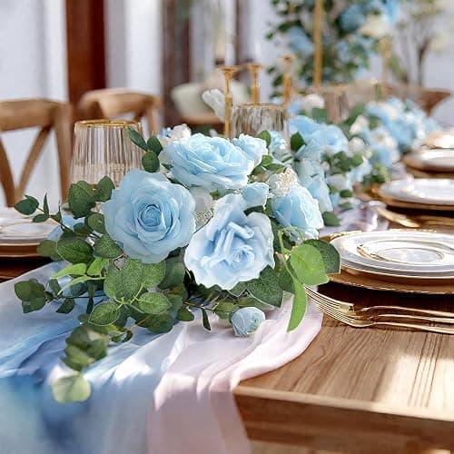 ZIFTY 5Pcs 32.5FT Blue Flower Garland Fake Flower Vines Faux Artificial Floral Garland Hanging Rose Ivy for Wedding Decortions Arch Garden Ceremony Background Outdoor Wall Decor thumbnail 6