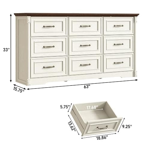 Farmhouse Wood 9 Drawer Dresser for Bedroom,Embossed Roman Column Wood Rustic 63 Inch Wide Dresser & Chest of Drawers with Rustic Handles,Tall Storage Organizer for Bedroom(Antique White) thumbnail 2